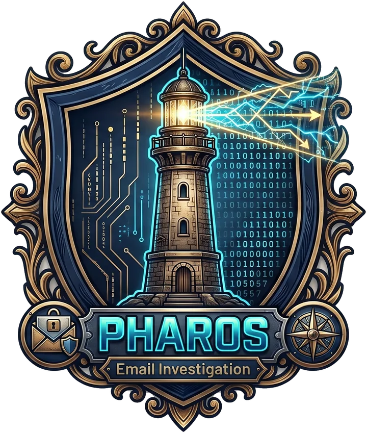 Pharos by Helm logo — an ornate shield framing a lighthouse casting its beam across streams of binary